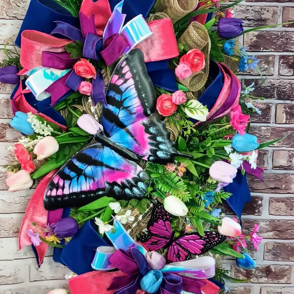 Spring Tulip Swag for Front Door, Spring Wreath, Butterfly Swag, Tulip Swag - Picture 2 of 7